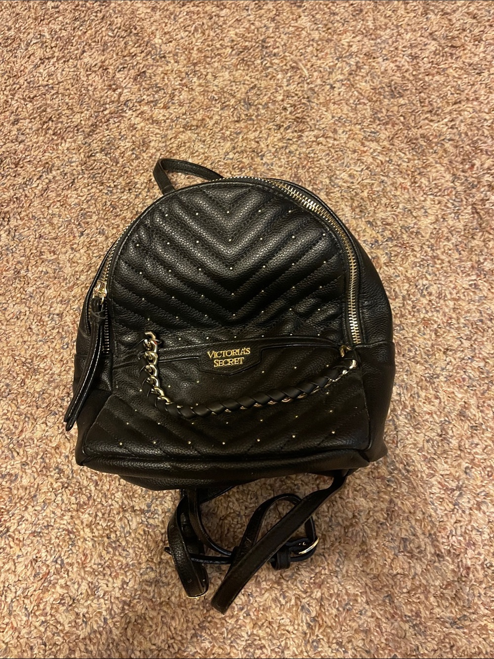Victoria's Secret Black Quilted Backpack with Gold Accents